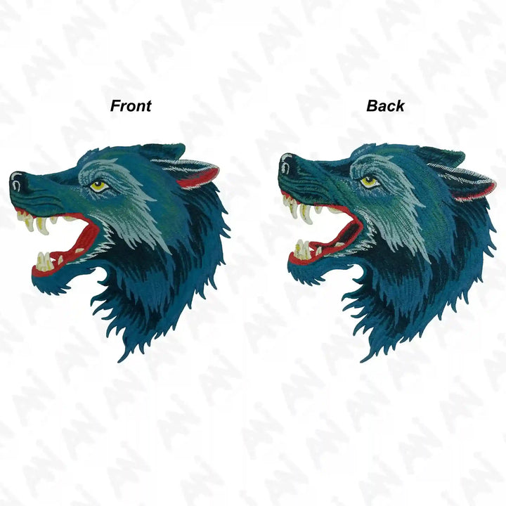 Wolf sew patch by Ani Accessories showing front and back, detailed animal applique for jackets, bags, and DIY fashion