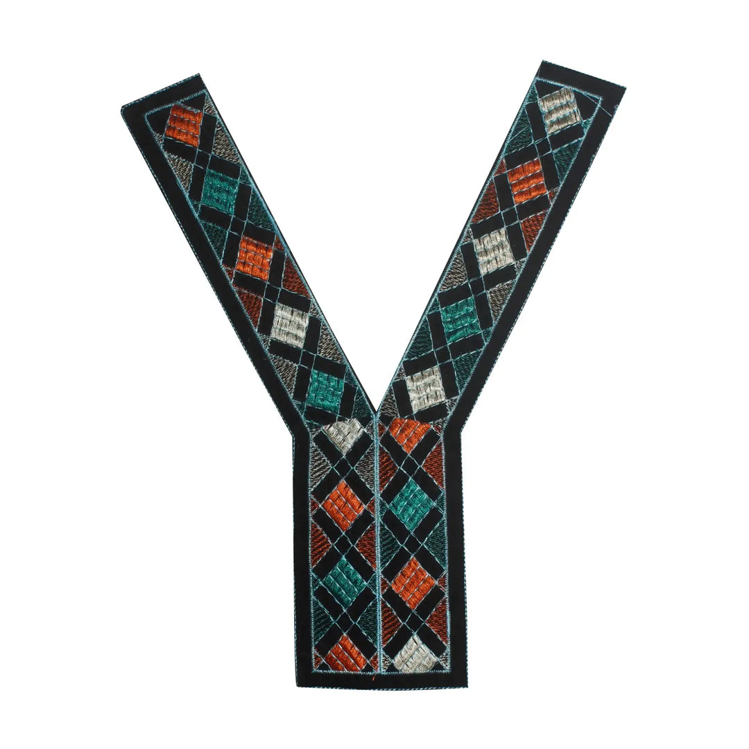 Y shape embroidery multicolor V neckline yoke with intricate threadwork, elegant finish, ideal for ethnic dresses