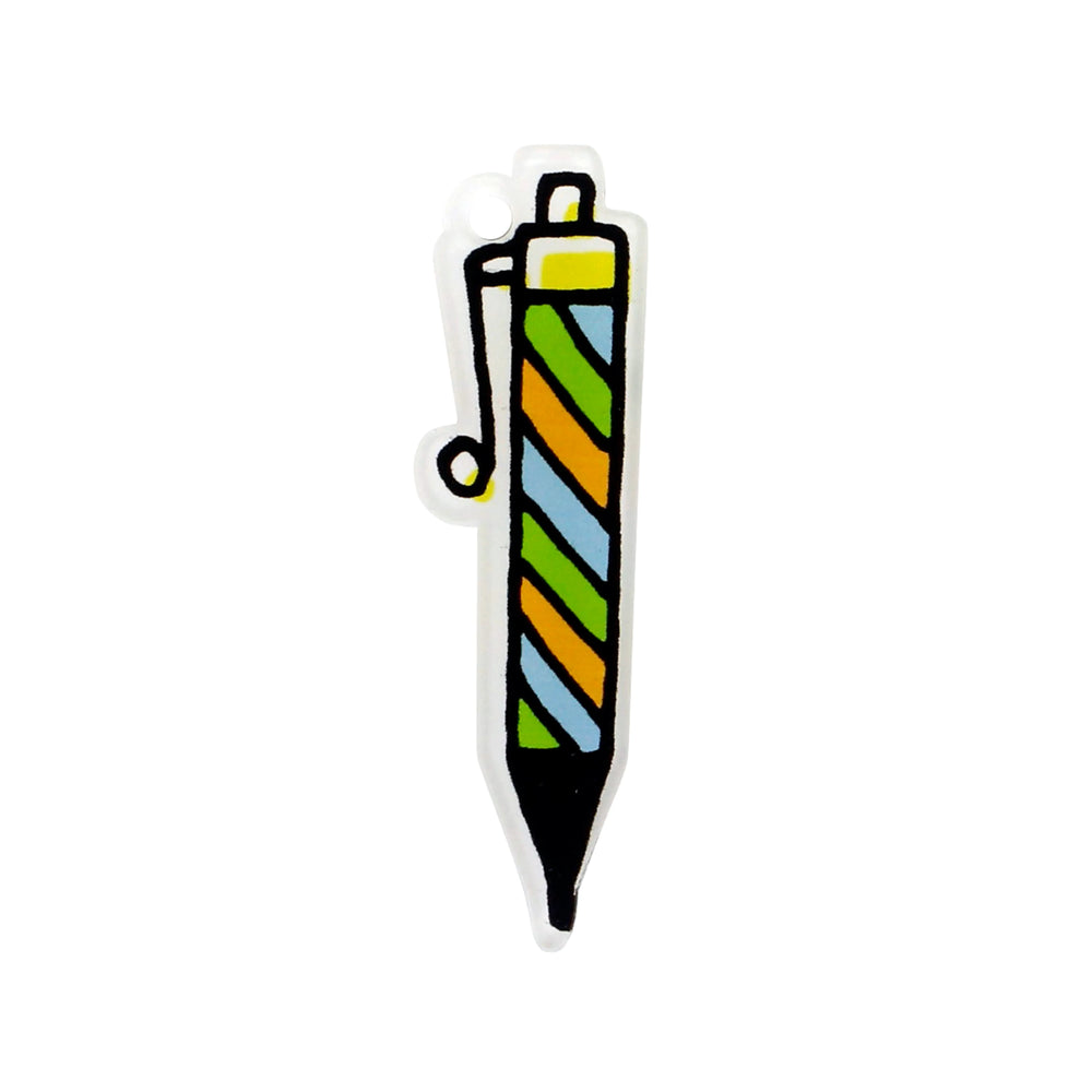 Cute acrylic pen charm with a black tip on white background with white color background 