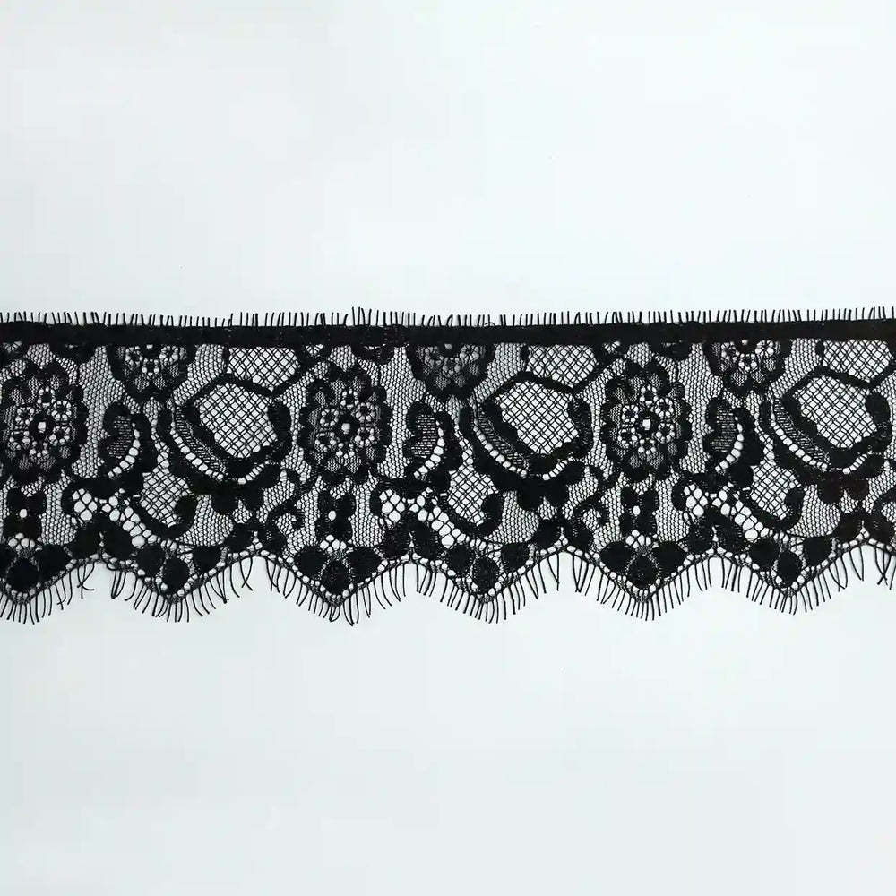 Black Floral Lace Trim Eyelash for Sewing & Crafts | Ani Accessories with delicate floral patterns and scalloped edges