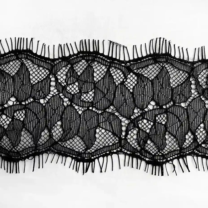 Ani Accessories Black Lace Trim Floral Lace for Lingerie & Dresses, intricate floral design with delicate fringes