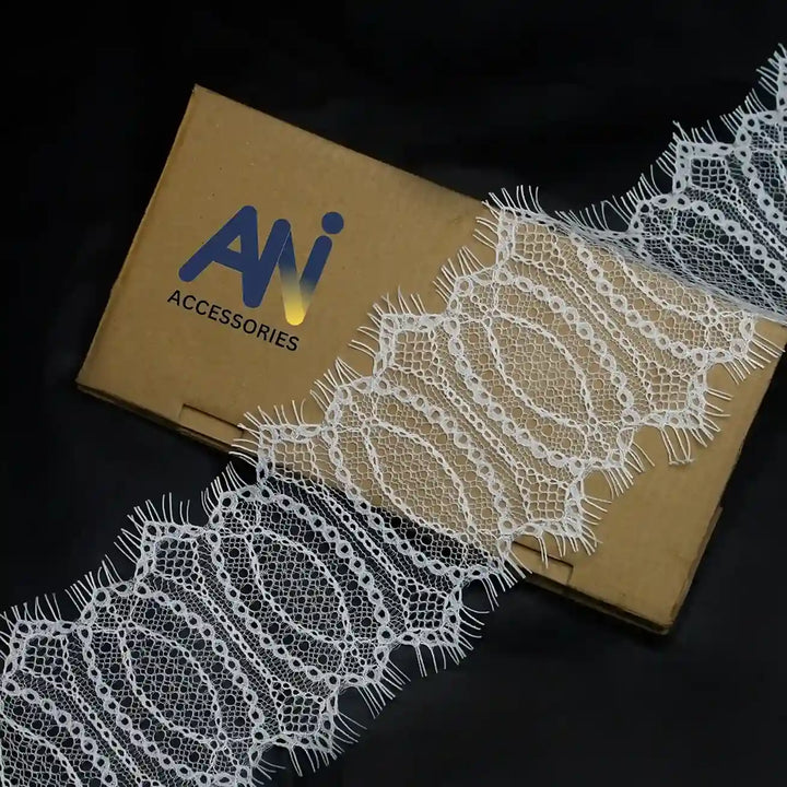 Buy Elegant Eyelash Lace Trim for Dresses & Crafts | Ani Accessories displayed on a cardboard box