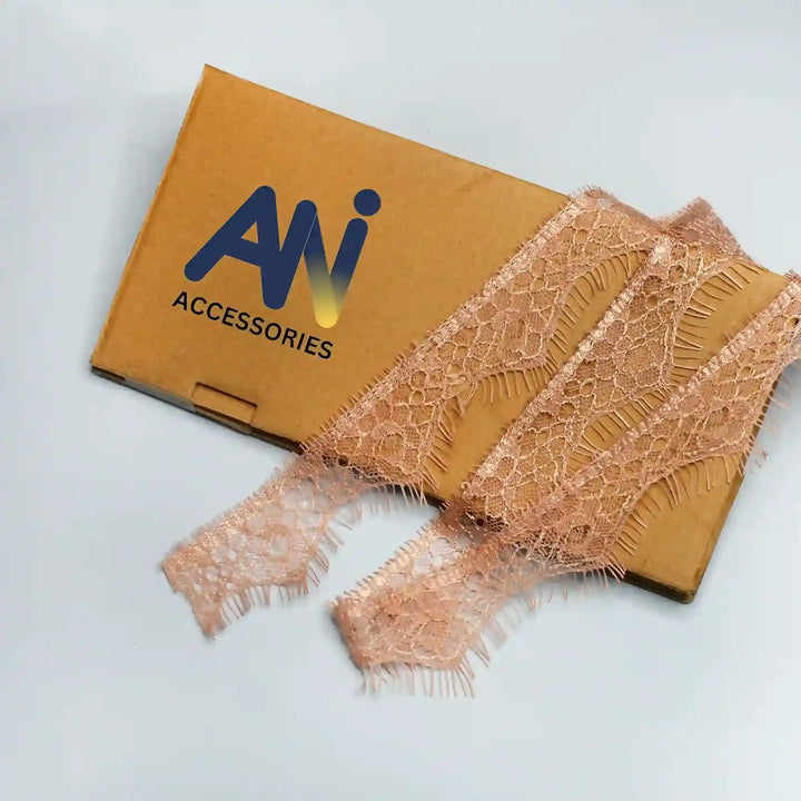 Buy now Peach Eyelash Trim Lace Fabric | Ani Accessories in delicate peach color and intricate lace design