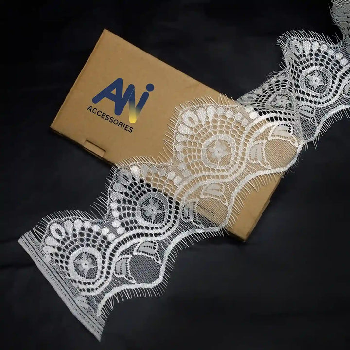 Buy White Color Eyelash Lace Trim for Sewing & DIY | Ani Accessories, featuring intricate lace patterns