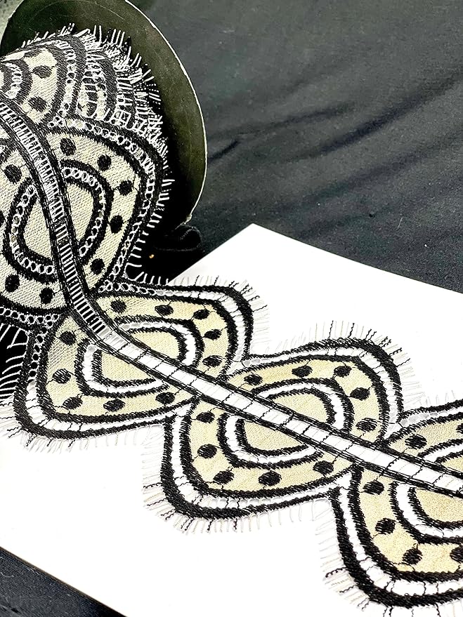Ani Accessories Decorative Black and White Fabric Trim with intricate pattern and fringe detailing