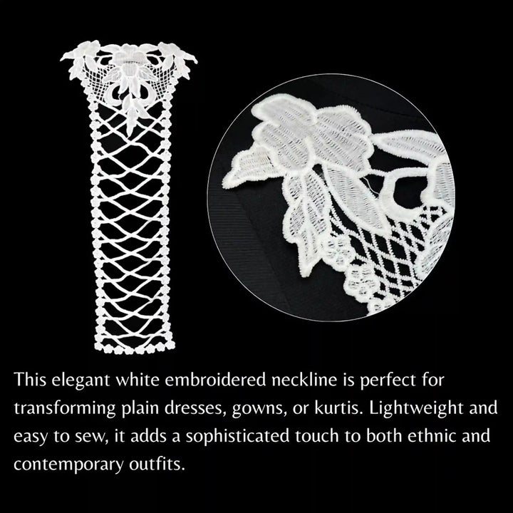 ANI Accessories dyeable floral high neckline patch for kurtis, gowns and kaftans, with product details and a close-up of the floral top 