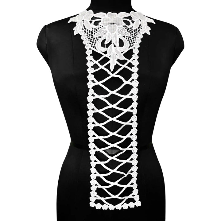 ANI Accessories white floral cross style high neckline patch, a long dyeable front panel neck patch for kurti and kaftan, shown on a black mannequin with white color background 