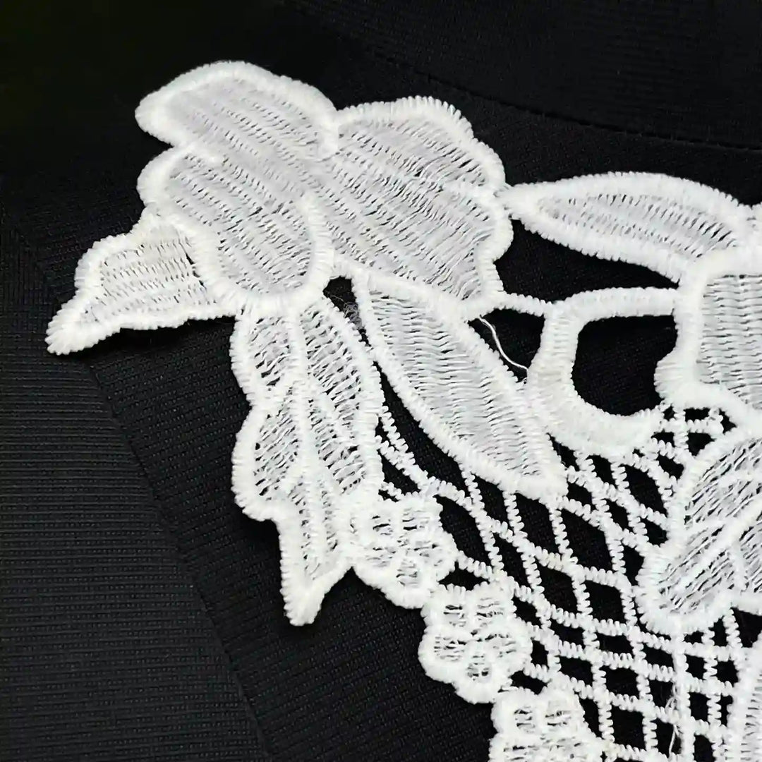ANI Accessories close-up of the layered floral cluster at the high neck of this white spun poly neckline patch, ideal as a readymade yoke for kurti 