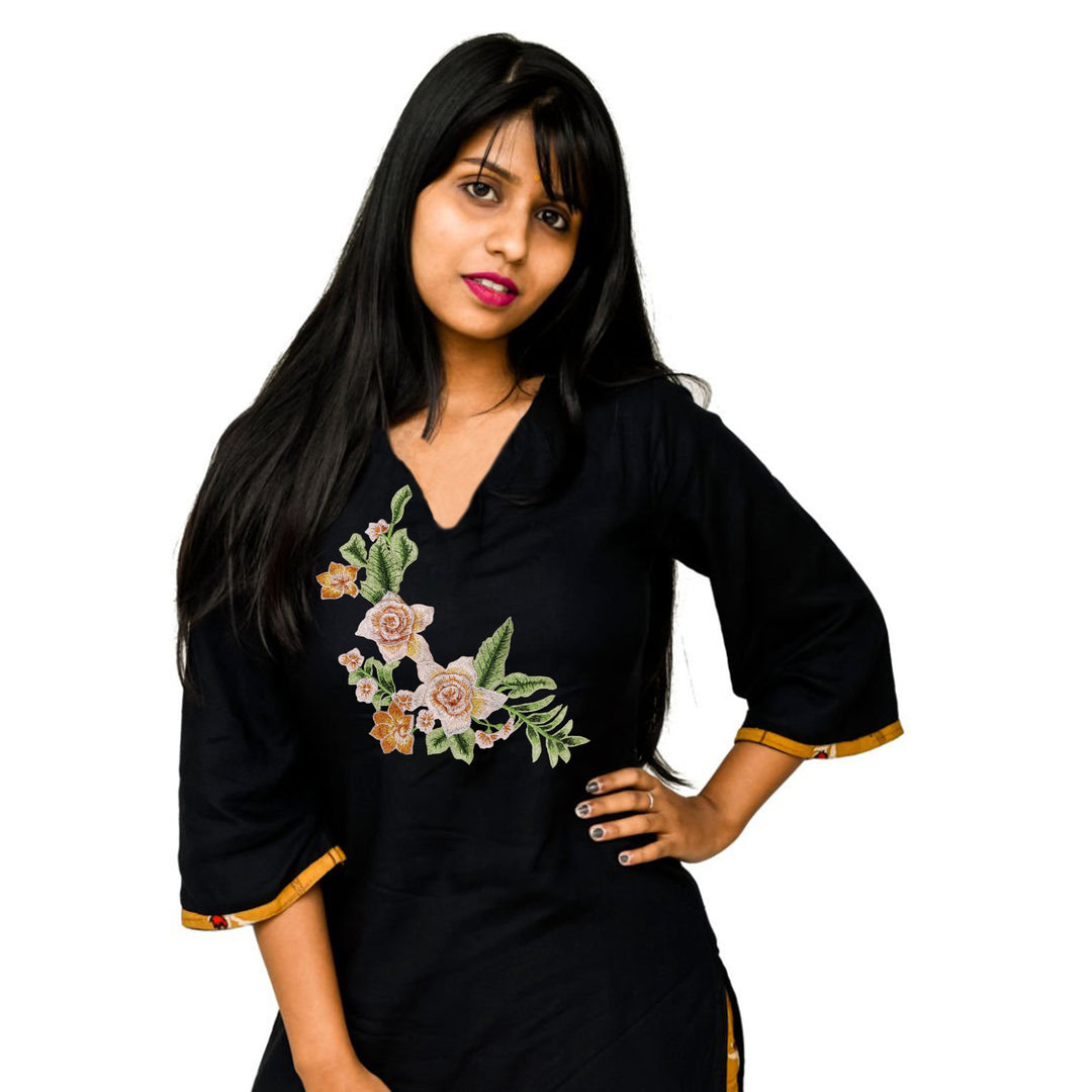 Ani Accessories Multicolor Rose Flower Sew Patch beautifully embroidered on a black garment for stylish attire