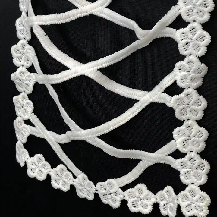 ANI Accessories close-up of the criss-cross lattice front panel with tiny flower borders, a readymade neck patch design for kurtis, suits and dresses 
