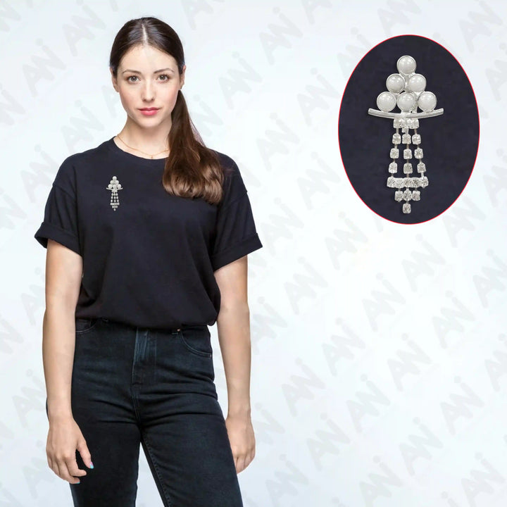 Pearl & Rhinestone Brooch for Saree, Blazer, Kurti, Dress, Hijab & More displayed on a model wearing a black shirt.