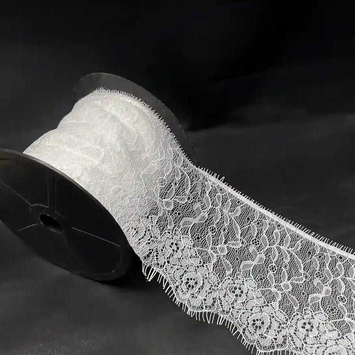 Rose Garden Eyelash Lace applique by Ani Accessories on a spool, featuring intricate floral designs