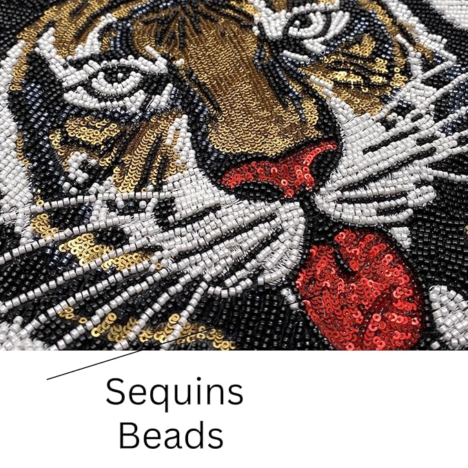 Ani Accessories close-up photo of Tiger’s Roar beaded sew patch for denim, shirts & more, featuring intricate bead and sequin details
