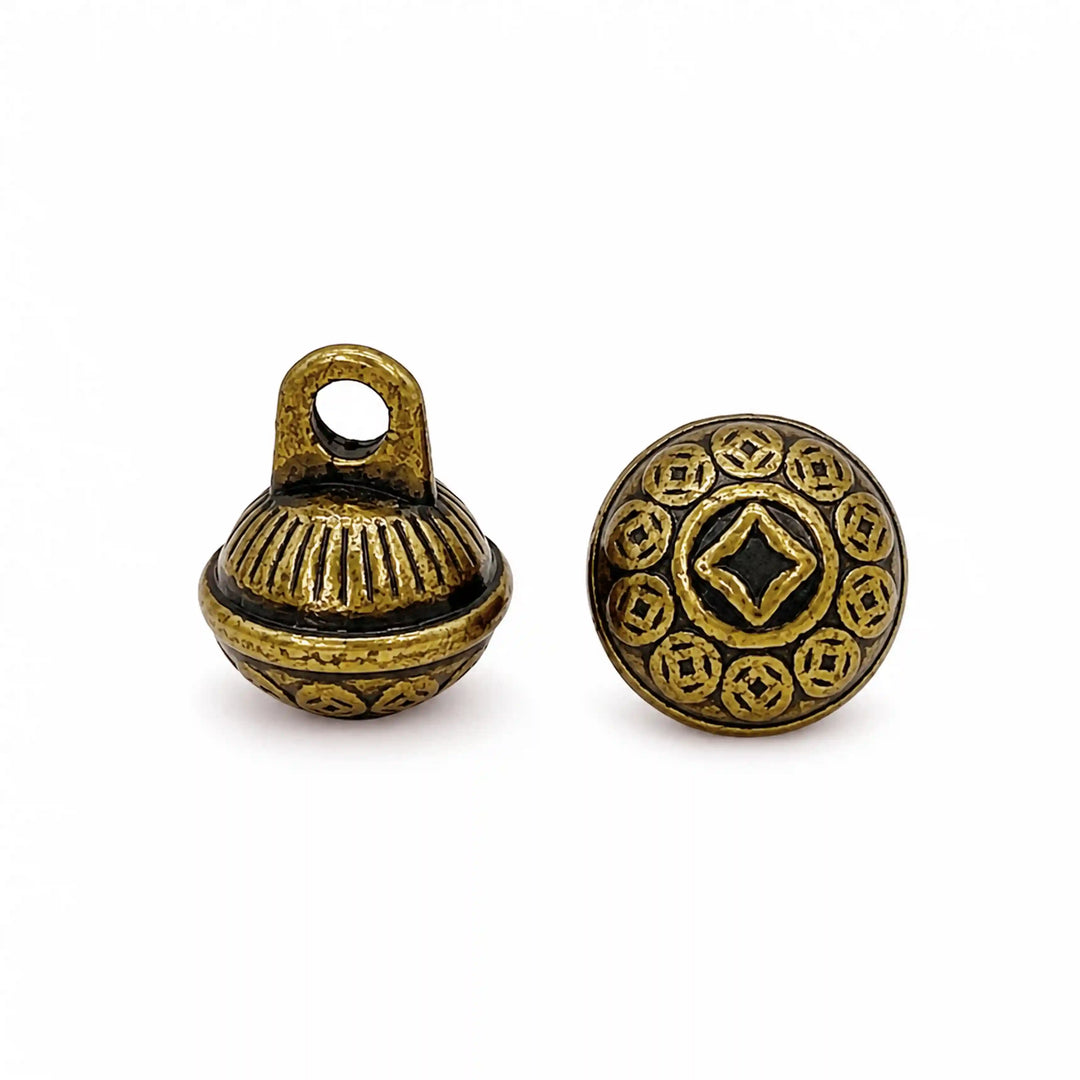 ANI Accessories antique gold dome button side view showing the round shank loop beside the coin motif front with white color background 