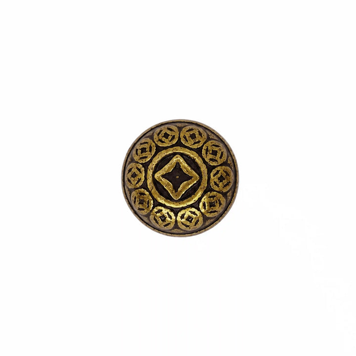 ANI Accessories antique gold dome button with ring of coin motifs around a centre star, front view on white Background 