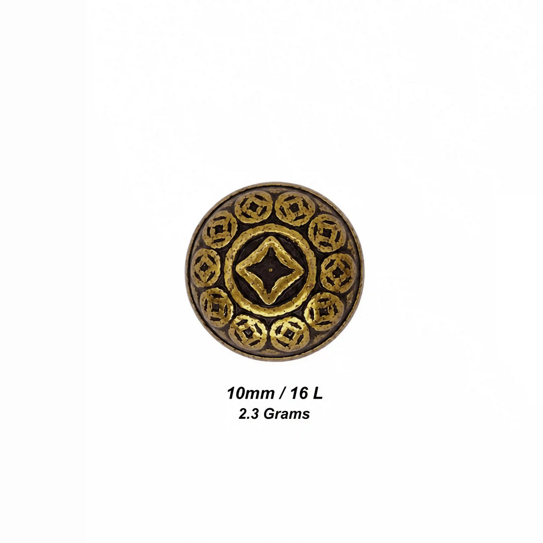 ANI Accessories antique gold coin motif dome shank button size chart: 10 mm (16 L) and 2.3 grams weight white color background 