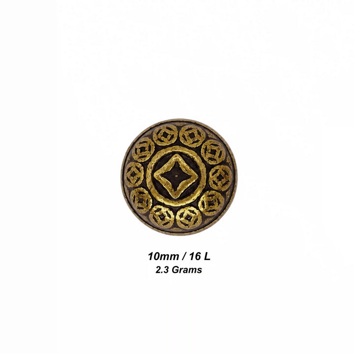 ANI Accessories antique gold coin motif dome shank button size chart: 10 mm (16 L) and 2.3 grams weight white color background 