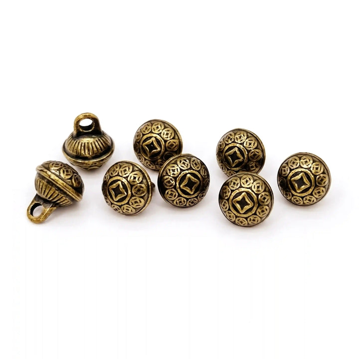 ANI Accessories set of 8 antique gold coin motif dome shank buttons on white, some tilted to show the shank loop with white color background 
