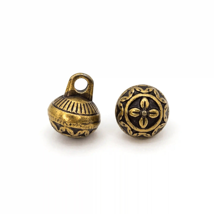 ANI Accessories antique gold flower dome button side view with round shank loop beside the four-petal front with white color background 
