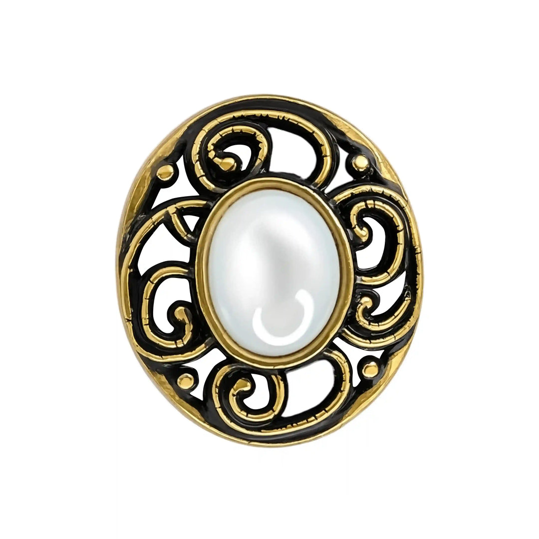 ANI Accessories antique gold oval scroll button with pearl-look centre and black openwork filigree, front view on white 
background 