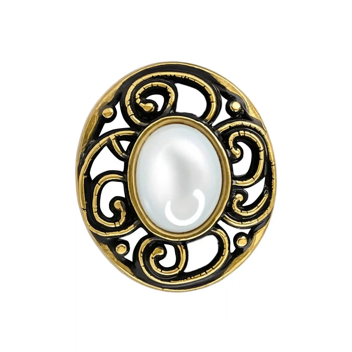 ANI Accessories antique gold oval scroll button with pearl-look centre and black openwork filigree, front view on white 
background 
