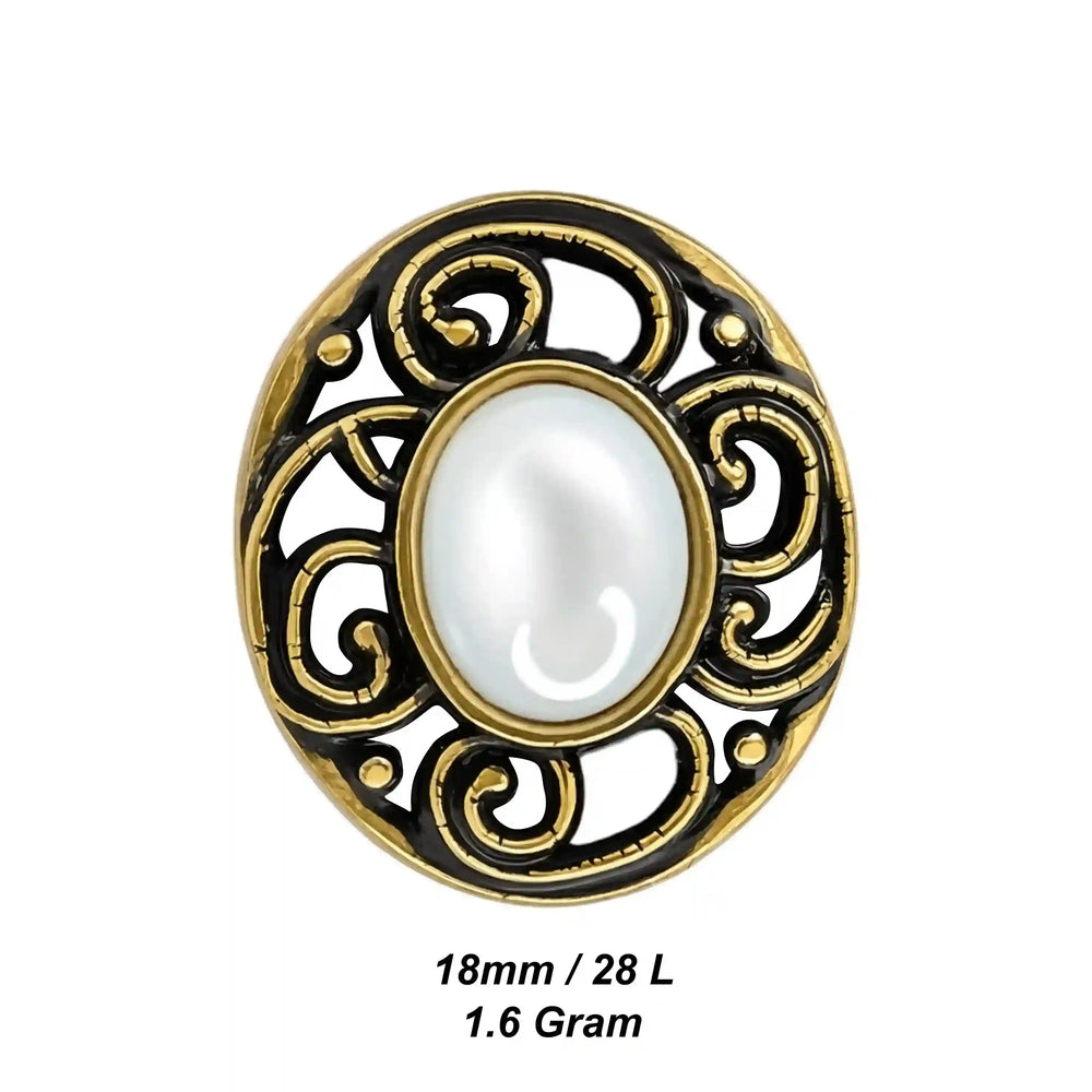 ANI Accessories antique gold oval scroll button with pearl-look centre size chart: 19 mm (30 L) and 1.6 grams weight color background 