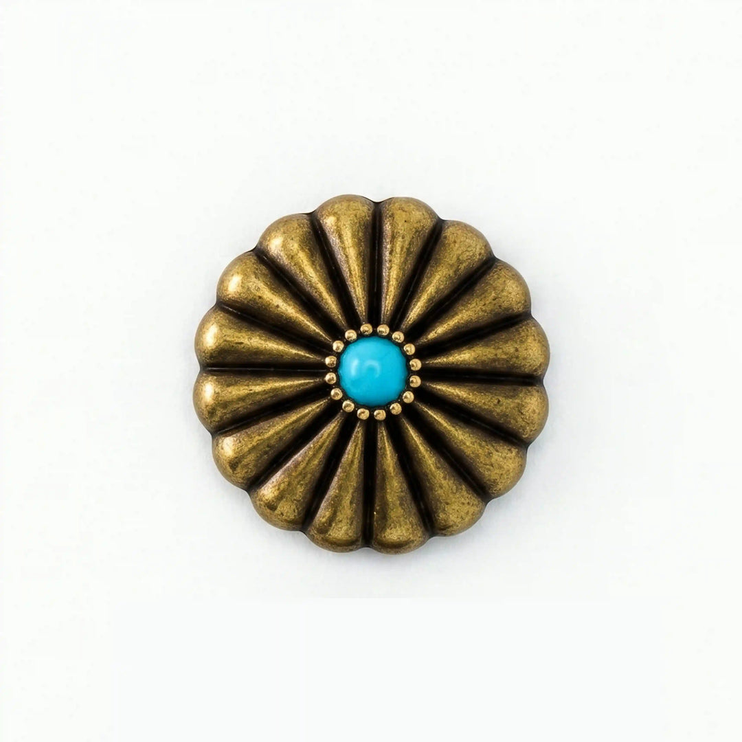 ANI Accessories antique gold sunburst metal button with raised radial ridges and turquoise-blue centre, front view With White color Background 