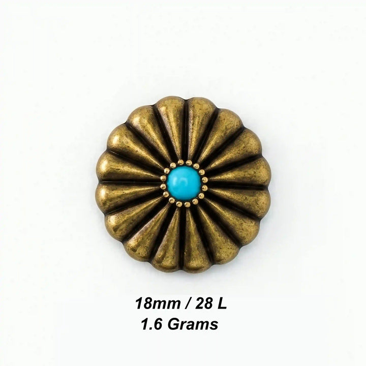 ANI Accessories antique gold sunburst turquoise metal button size chart: 19 mm (30 L) and 1.6 grams weight color Background 