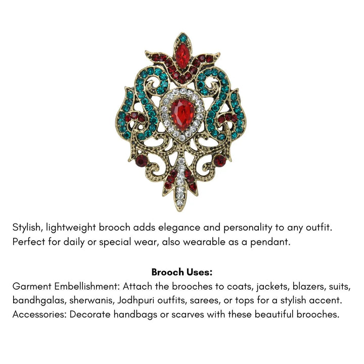 ANI Accessories baroque revival brooch with a list of uses on sarees, suits, sherwanis and bags 