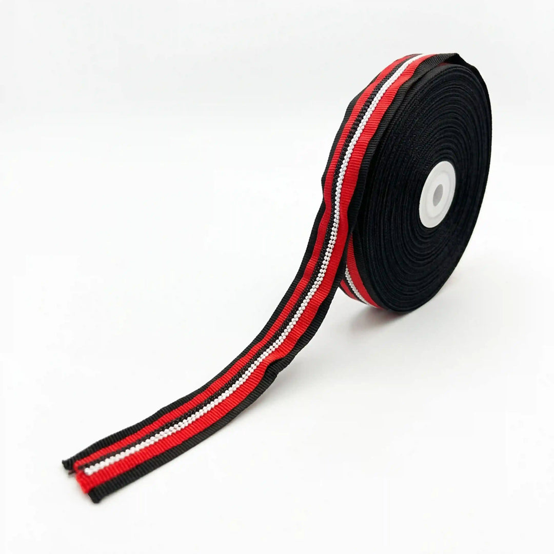 ANI Accessories black beads lace border on a roll, red and black ribbon with white color background 