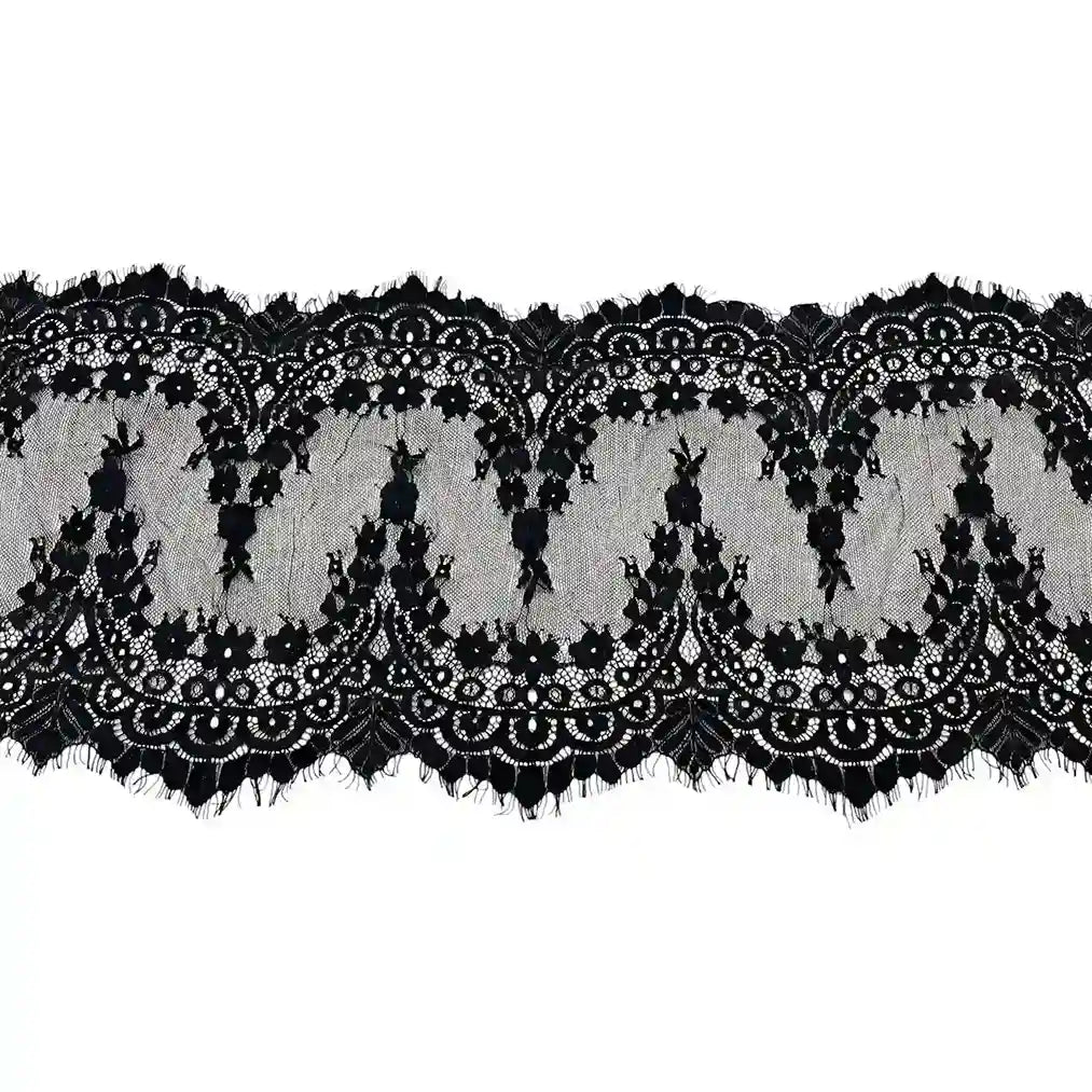 ANI Accessories black Chantilly lace border with eyelash scallops, 31 cm wide with white color background 