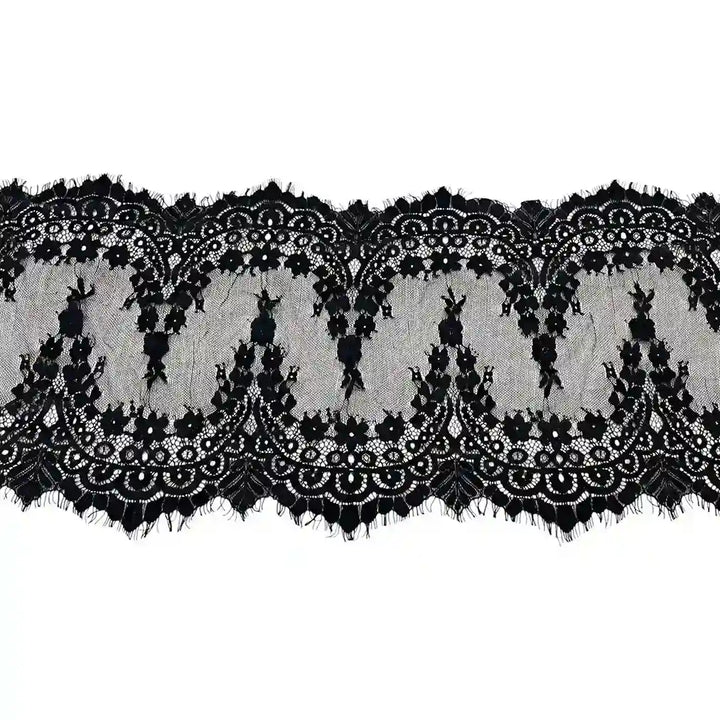 ANI Accessories black Chantilly lace border with eyelash scallops, 31 cm wide with white color background 