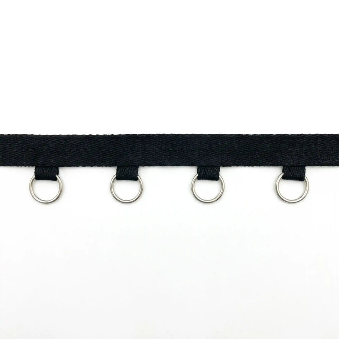 ANI Accessories black eyelet tape with hanging rings laid flat with white color background 