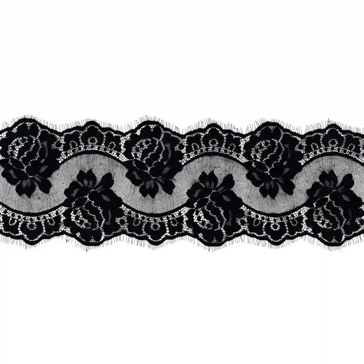 ANI Accessories black French lace with roses and eyelash scallops laid flat 