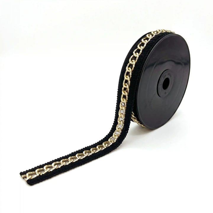 ANI Accessories black and golden chain lace border on a roll, 2.7 cm wide With white color Background 