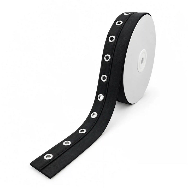 ANI Accessories black grommet tape metal eyelet lace on a roll, 2.8 cm wide with white color background 
