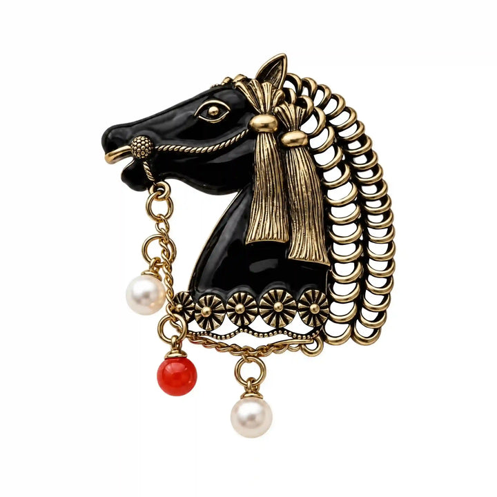ANI Accessories black horse head brooch with antique gold mane and pearl drops with white color background 