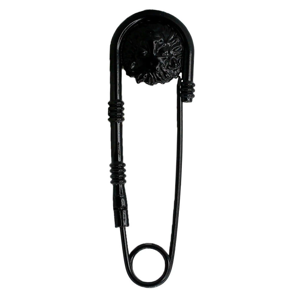 Black lion head safety pin brooch with coiled wire detail with white color background 