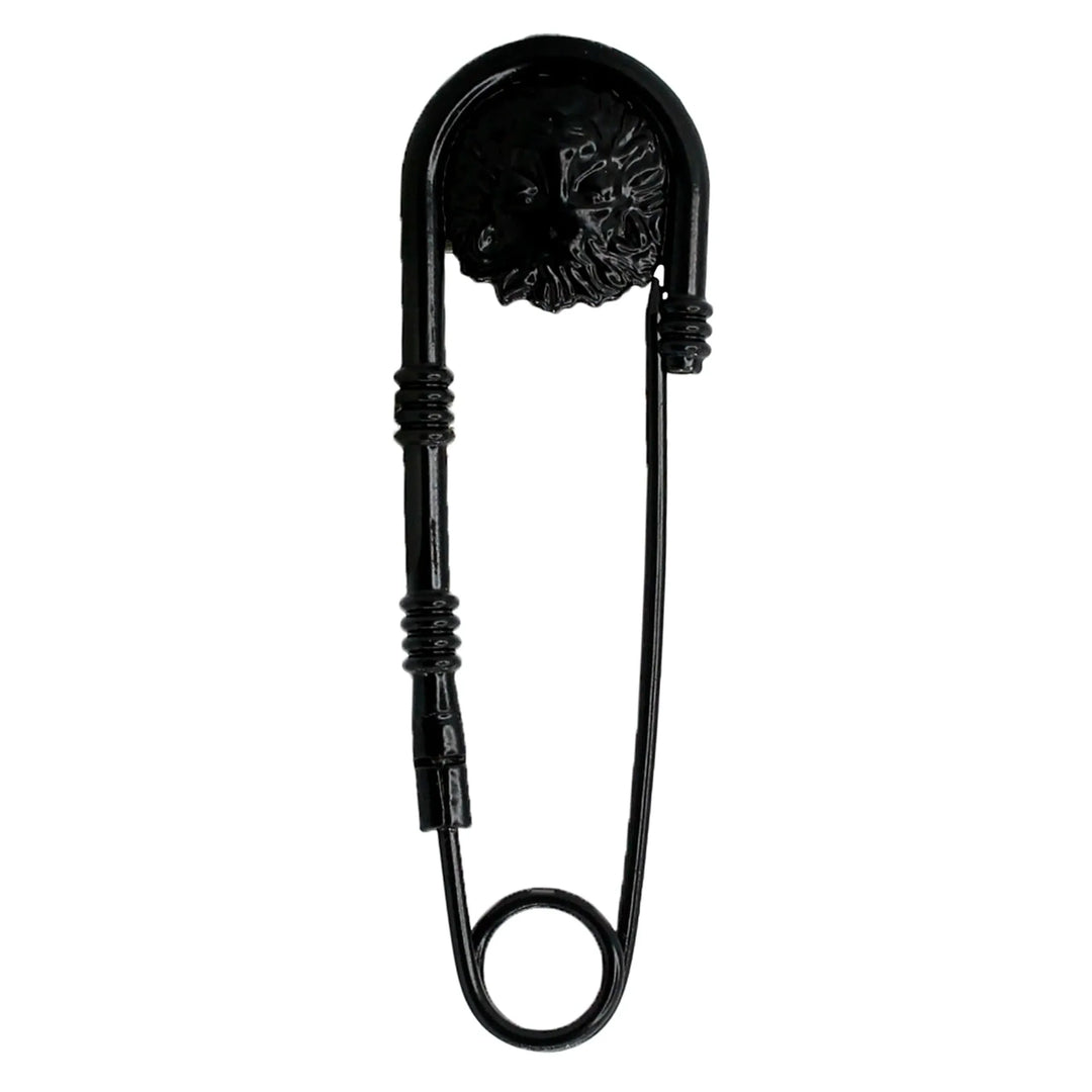 Black lion head safety pin brooch with coiled wire detail with white color background 