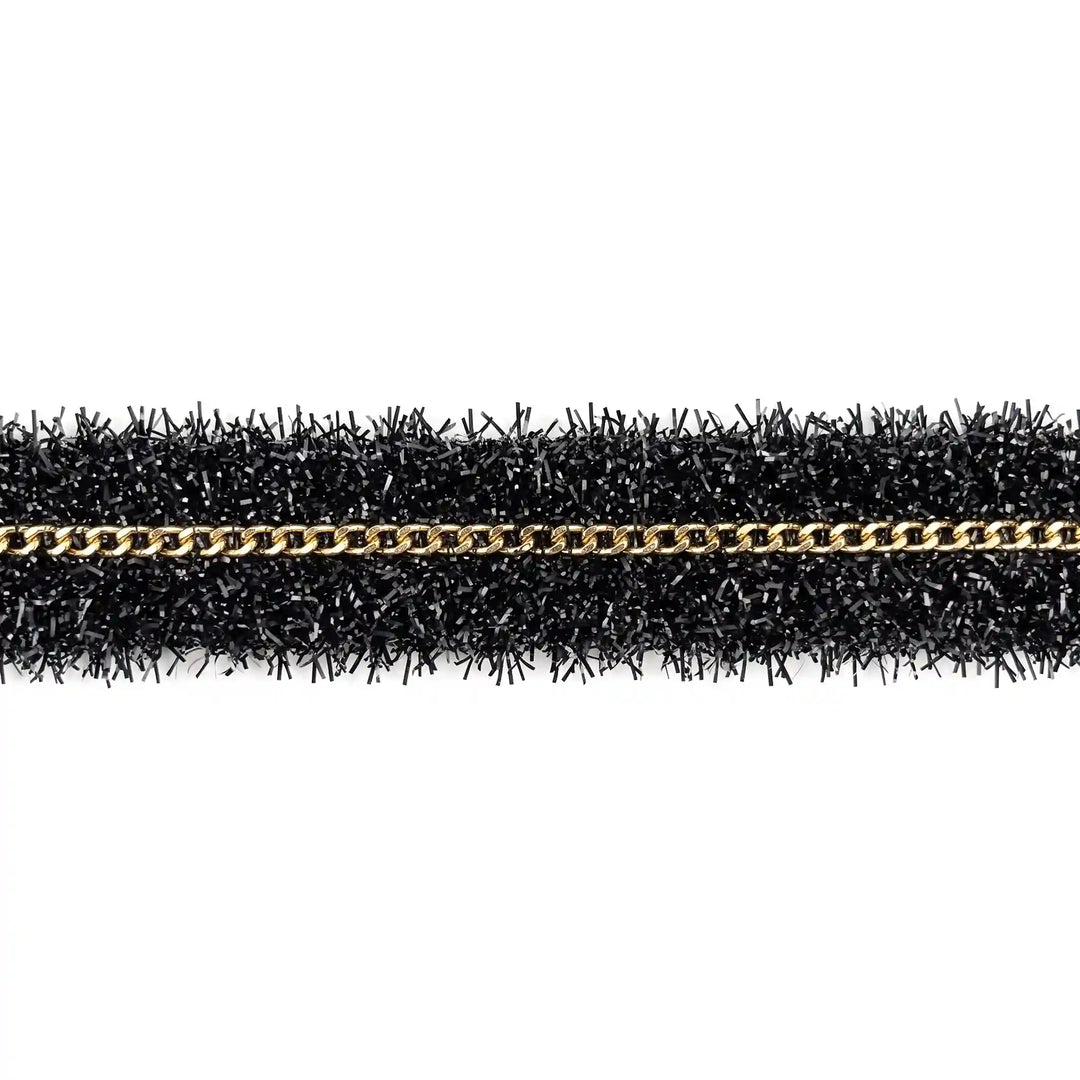 ANI Accessories black lurex trim with golden chain laid flat with white color background 