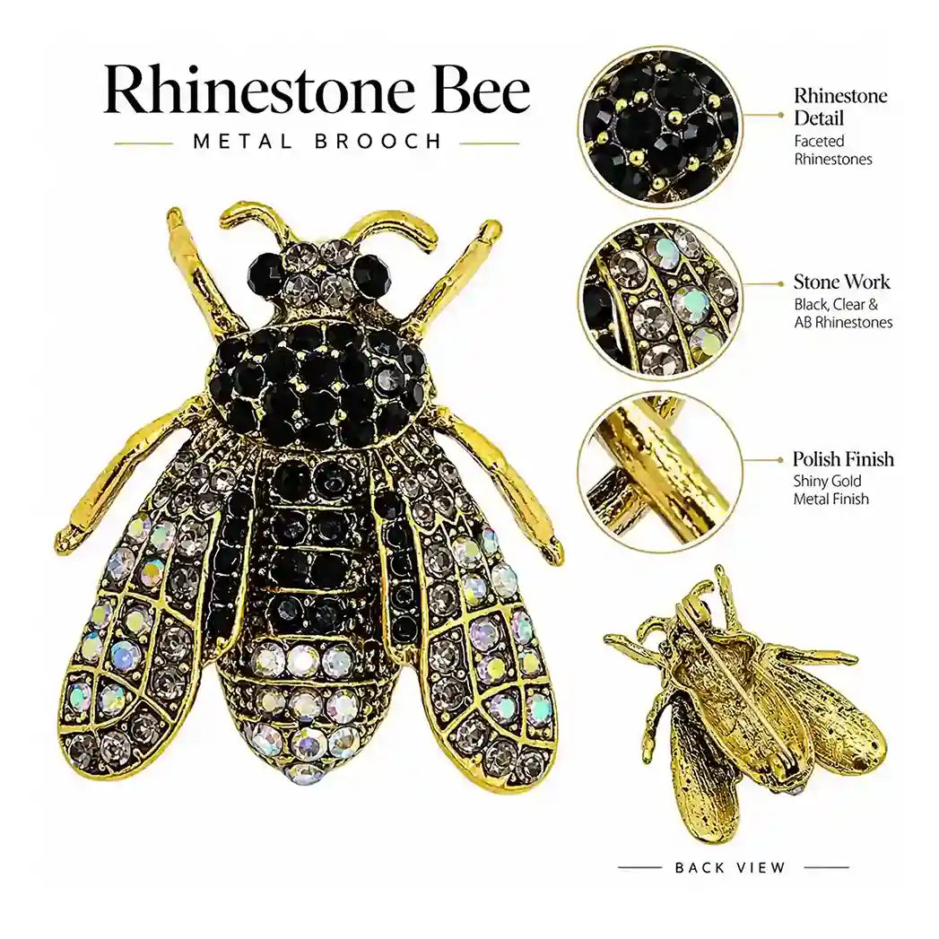 ANI Accessories black rhinestone bee brooch showing faceted rhinestones, AB stone work, gold finish and back view 