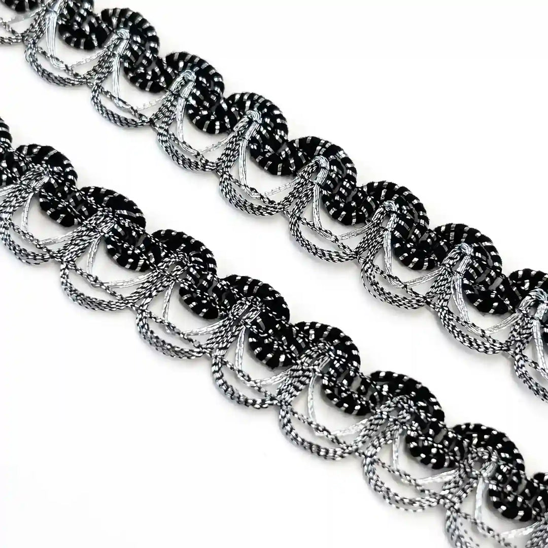 ANI Accessories black and silver zari lace with coiled rings and hanging silver loops, 1 cm with white color Background 