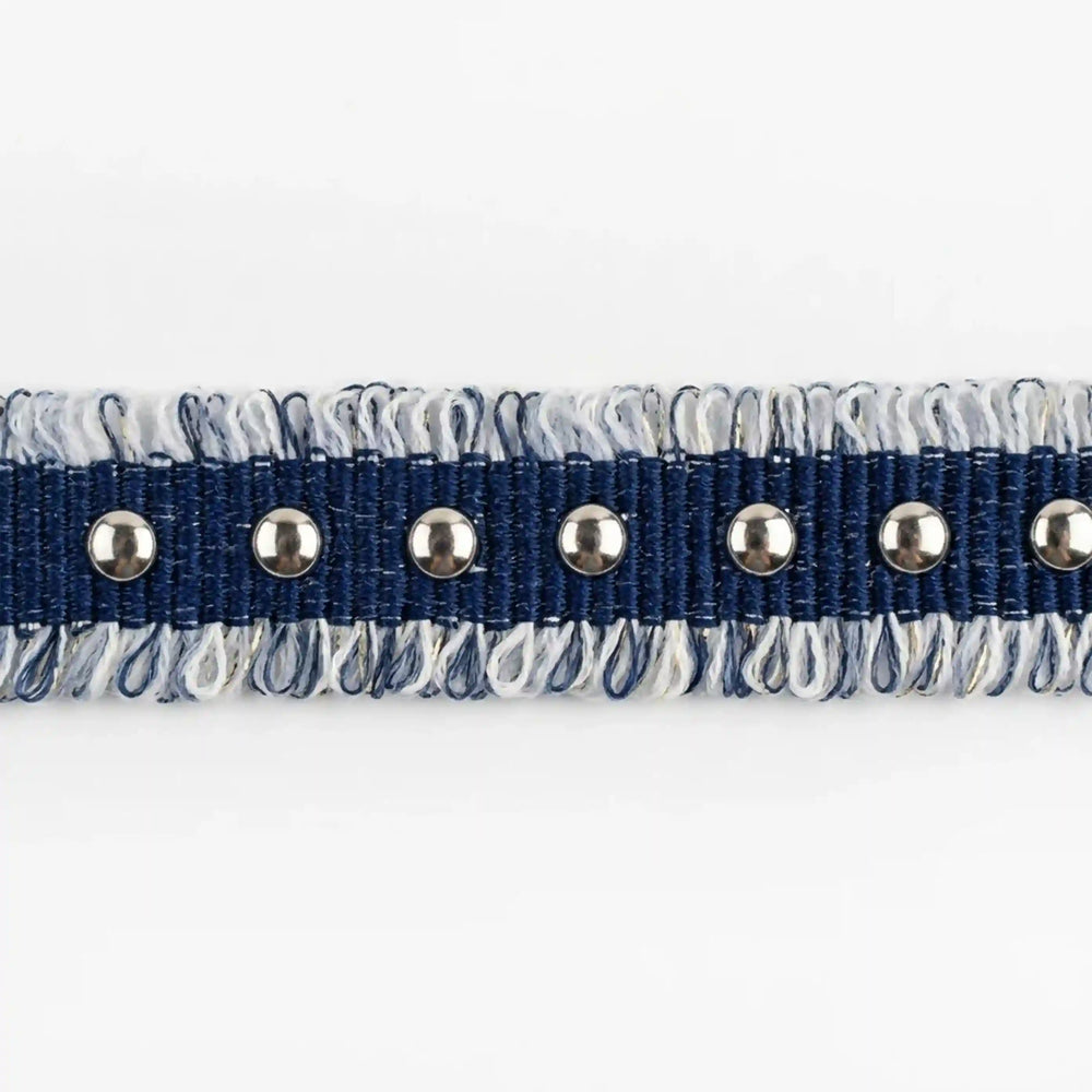 ANI Accessories blue denim lace for jeans with silver metal studs, laid flat with white color Background 