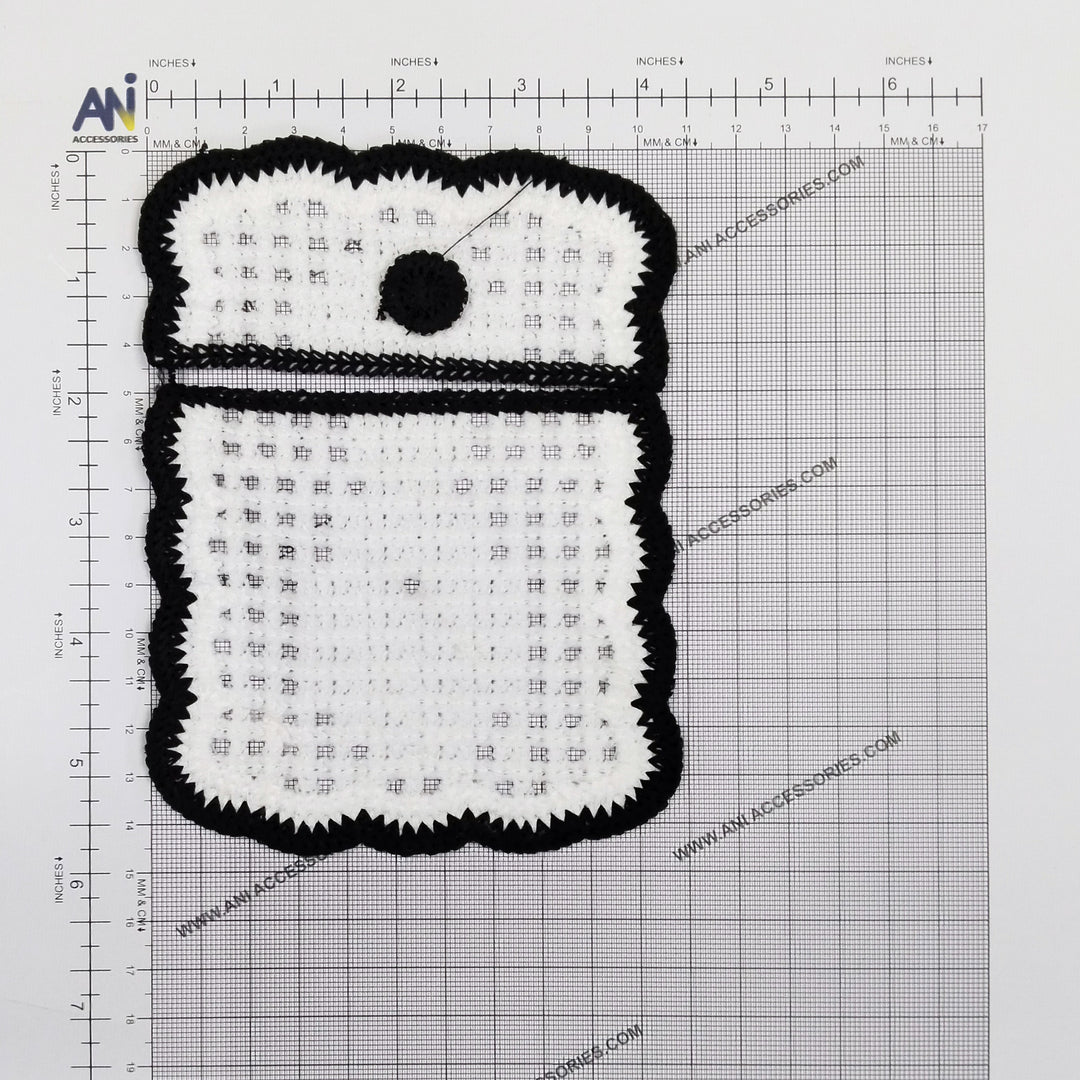 ANI Accessories crochet pocket patch on a measuring grid: about 4.3 inches wide and 5.5 inches hight