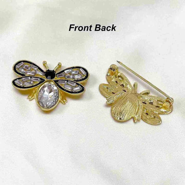 Crystal bee brooch showing the front design and the gold back with pin with white color background 