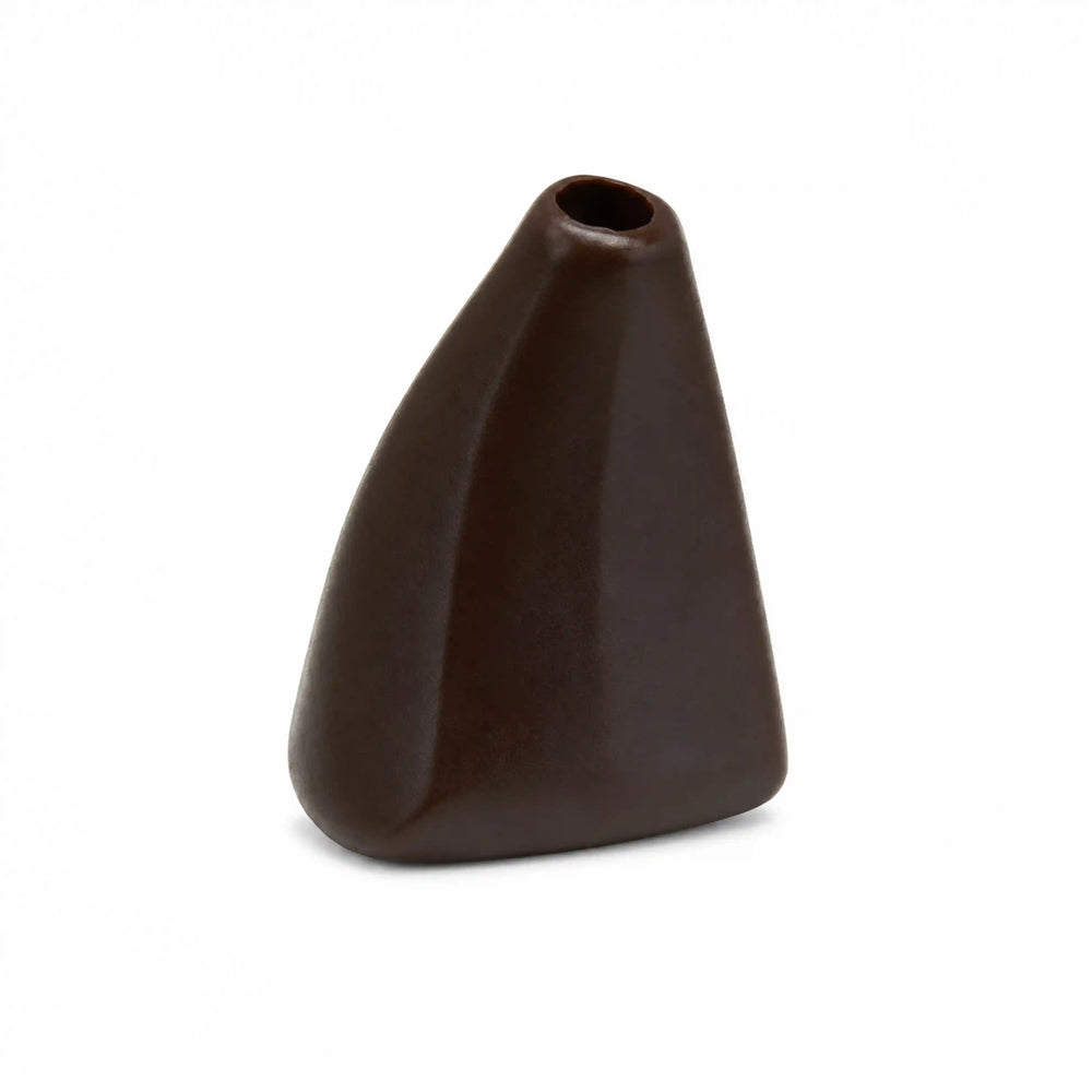 ANI Accessories dark brown bell-shaped cord end cap, angled view showing the top cord hole and soft triangular sides on white