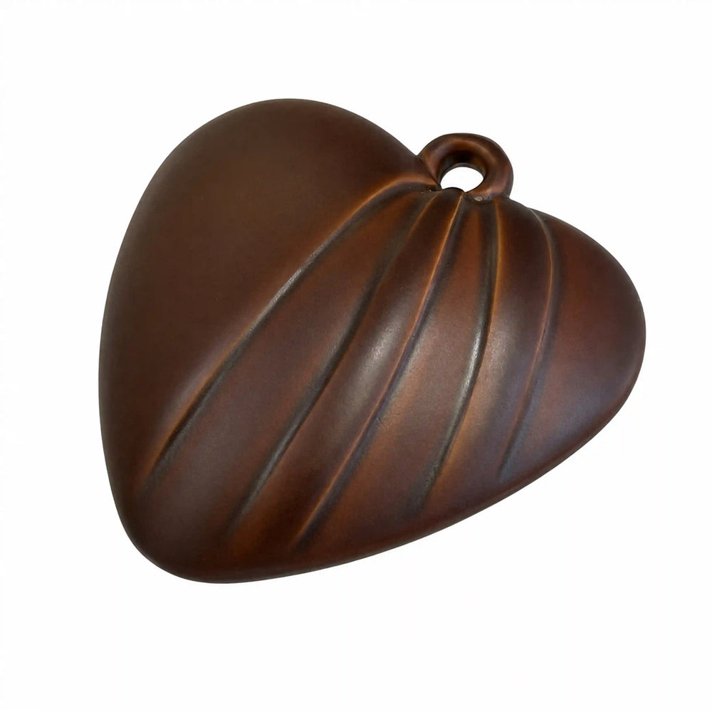 ANI Accessories dark brown fluted heart charm, angled side view showing raised sculpted ridges and depth on white Background