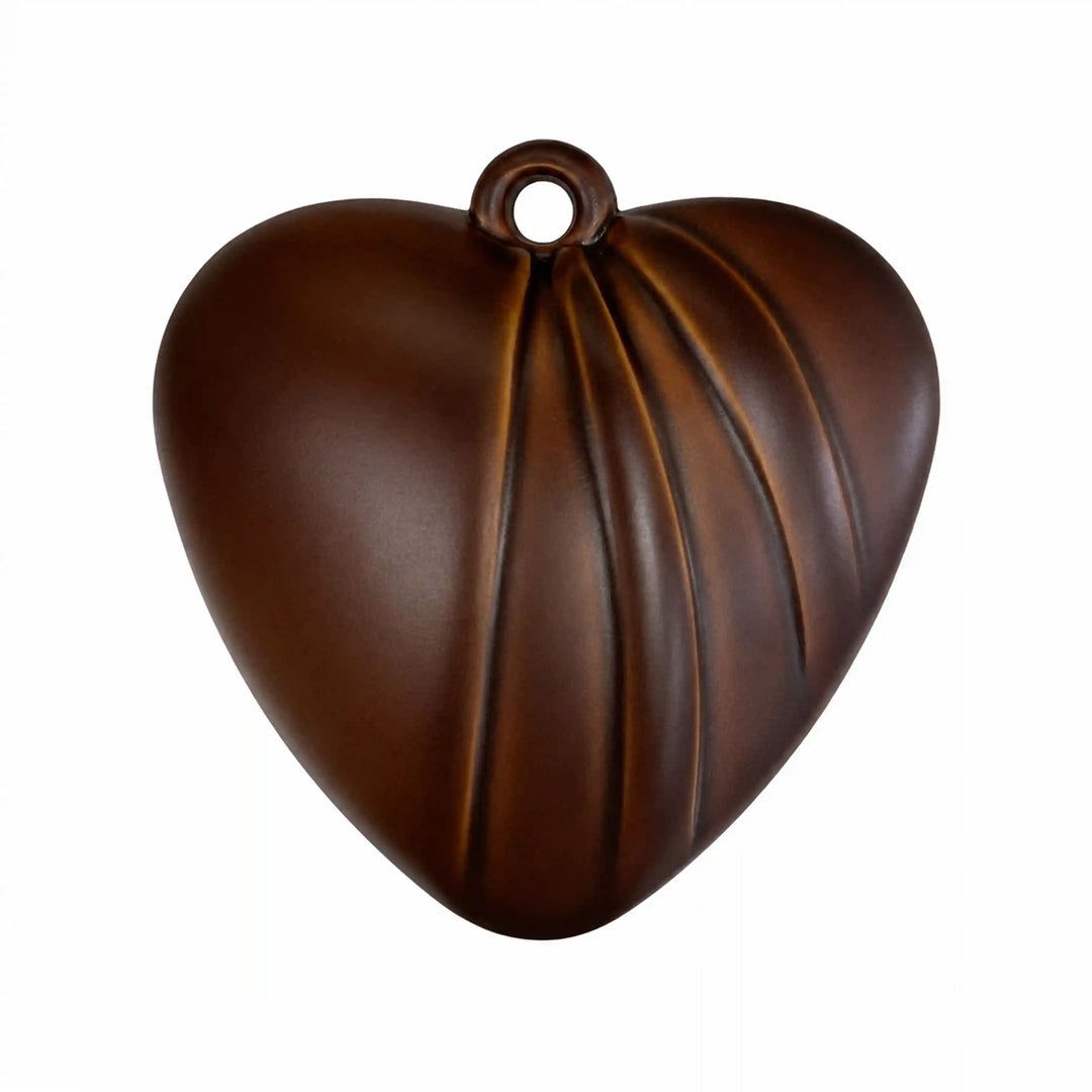 ANI Accessories dark brown fluted heart pendant charm with draped asymmetric ridges and top loop, front view on white 
background 