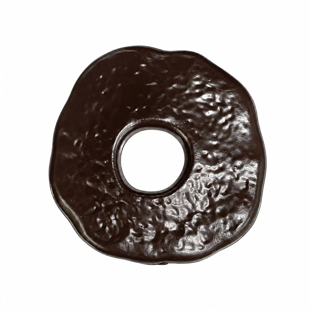 ANI Accessories dark brown textured donut pendant charm with crinkled glossy surface and wavy edge, front view on white background