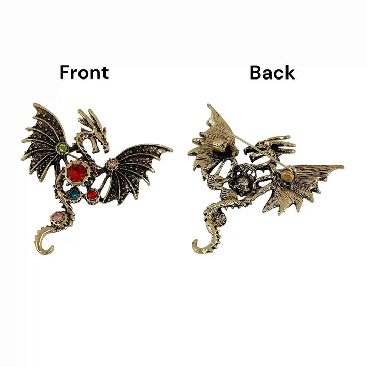 ANI Accessories dragon brooch pin showing the jeweled front and the pin on the back with white color background 